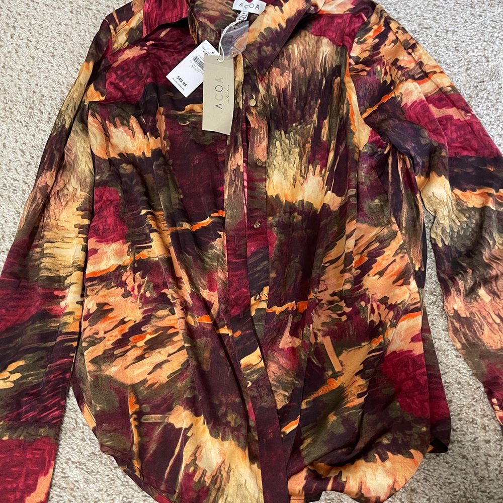Buckle Multicolor Abstract Satin Long Sleeve Shirt